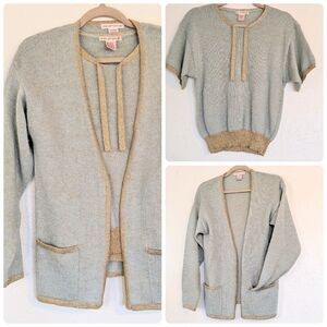 VTG Cardigan Short Sleeve Sweater Set Light Mint Green Gold Trim 80s Grandmacore